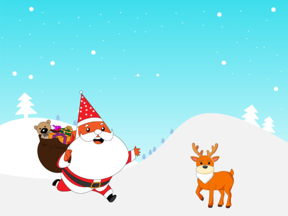 Santa Walks Snow Accompanied by Deer